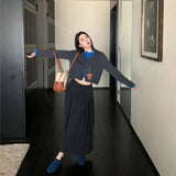 Autumn Thin High-End Design Splicing Fake Two Knitted Cardigan High-Waist Loose Half-Dress