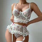 White Mesh Floral Print Lingerie Set-Outfit