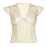 Toloer Rural Girl Wind Fresh Lace Floral T-Shirt V-Neck Show Chest Bow Patchwork Mesh Top-Outfit