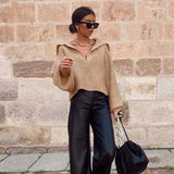 Ardm Za Casual Oversize Brown Woman Sweaters V Neck Knitted Loose Sweater Vintage Lantern Sleeve Female Pullover Women Crop