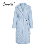 Simplee Cotton padded long winter coat female Casual pocket sash women parkas High street tailored collar stylish overcoat