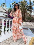Autumn Dress Long Leaf Print V-Neck Hollow Out Long Sleeve Casual Womens Frock Traf Vestidos Para Mujer Robe Sexy