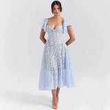 Long Dress Court Lace High-Rise Thin V-Neck Sexy Short-Sleeved Dress