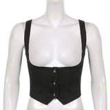 2022 Spring Summer Black Vest Tops Women Button Up Straps Corsets Sleeveless Slim Casual Streetwear Tanks Camis