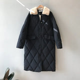 Fashion Argyle Fur Collar Long Parka Winter Down Jacket Women Single Breasted Casual Warm Oversize
