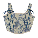 French Orchid Print With Fish Bone Corset Short Vest Bustier Crop Early Spring