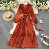 Fashion Women Chiffon Dress Ladies Printed Lace-up Waistband Long Sleeved Sashes Waist Slim Style Swing Long A-line