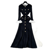 Small Fragrant Wind Bumpy Round Collar Horn Sleeve Single Buckle Waist Knitted Dress Women Autumn Body Sweater