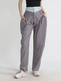 Toloer New Contrast Color Jeans Splicing Casual Pants Half Loose Waist Loose Pleated Show Thin Plaid Harun Pants-Outfit