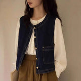 Retro Denim Vest Women Spring And Autumn Folding Waist Coat Outside A Small Design Feel Shoulder