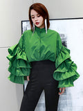 Loose Solid Shirt For Women Stand Collar Lantern Sleeve Patchwork Ruffle Single Breasted Chic Blouse Female 2023