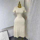 New Elegant Round Neck Nails Hollow Slimming Temperament Short-Sleeved Knitted Dress