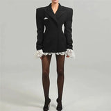 Lace Trim Black Blazer Dress-Outfit
