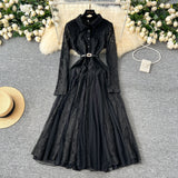 Retro Elegant Dress Women Winter High Hook Lace Splicing Mesh Yarn Irregular Knee