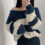 Chic Autumn/Winter Vintage Lazy Loose Round Collar Ctriped Striped Knitted Jerseys On The Head Of The