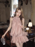 Elegant Dresses Women Flowers Sleeveless Ruffled Collar Halter Mesh Patchwork Backless Loose Holiday Sweet Party Dress-Outfit