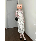Spring Popular French White Wave Dot Three-Dimensional Flower Dress Pinch Folded Waist Thin Temperament Long