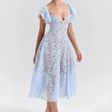 Long Dress Court Lace High-Rise Thin V-Neck Sexy Short-Sleeved Dress