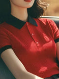 Toloer Splicing Bump Color Collar Knitting Shoulder Short-Sleeved T-Shirt Vertical Texture Thin Summer Women's Korean