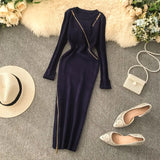 2022 Zipper Autumn Dresses Winter Bodycon Knitted Sweater Midi Pencil Dress Party Knee Length Women Casual Office