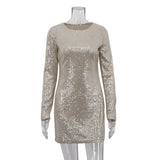 Toloer Women's New Fashion Sequins Pack Hip Skirt Nightclub Party Long Sleeve Mini Dress Women-Outfit
