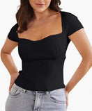 Toloer Sell Versatile New Fashion Slim Square Neck Stretch Shoulder Short Sleeve Sweater Sweater Woman-Outfit