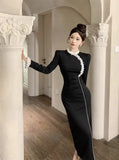 Dresses Women Stand Collar Lace Patchwork Split Long Sleeve Slim Vintage Elegant Dress Slim Elegant Dress Ladies-Outfit