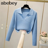Knitted Sweaters Women Retro Turndown-Collar Long Sleeve Slim Basic Tops Winter Casual Bodycon Short