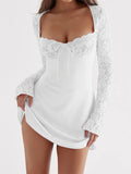 Elegant Women Lace Floral Long Sleeve Patchwork Short Mini Dress Low Cut Push Up High Waist A-line Dress Vestido 2023-Outfit