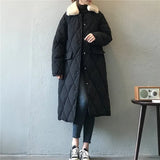 Fashion Argyle Fur Collar Long Parka Winter Down Jacket Women Single Breasted Casual Warm Oversize