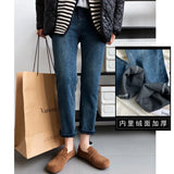 Women's Slim Winter Fleece Lined Thickened High Waist Jeans Patchwork Pocket Warm Fit Skinny Pants