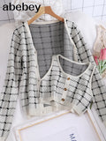 set 2022 Autumn Korea Style Vintage Check Gingham Plaid Cardigan V neck Single-breasted Button Tank Top Knitted Sweater