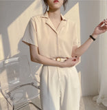 Toloer Spring And Summer College Style Retro Korean Version Of Professional Suit Collar Turn Students Short Sleeve Shirt Female Pure Color Top