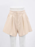 Elegant Beige Faux Leather Shorts Women Wide Leg Short Pants Elegant Flared Shorts High Waist Female PU Shorts