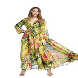 Spring Summer New Women's Dress V Collar Lantern Sleeve Red Leaf Print