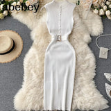 Knitted Sexy Club Sheath Bodycon Dresses Women Solid Sashes Stretch Button Vestidos 2022 Summer Robes