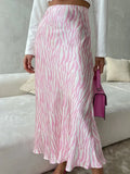 Pink Printed Satin Midi Straight Skirt-Outfit