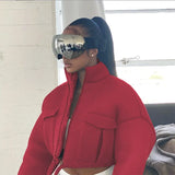 Mesh Plaid Autumn Spring Coat Women Trend Turtleneck Zipper Pocket Crop Jacket Solid Slim Drawstring Female Outerwear