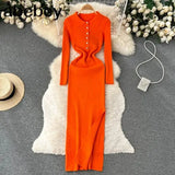 Autumn Knitted Dress Women Long Sleeve Elastic Waist Split Sweater Dress Ladies Party Sexy Warm Bodycon Maxi Long