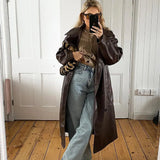 autumn and winter brown PU long windbreaker lapel stitching pocket solid color jacket jacket