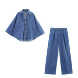 Homemade New Women's Wide Sleeved Denim Shirt High Waisted Rolled Legged