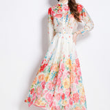 Women's Clothing Two Sets Of Famous Temperament Lantern Cuffs Buckle On The Body Of High-Waist Printing Net Yarn