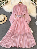 VAREY LIN New Spring Pleated Dress Women Elegant Stand Collar Solid Color Long Dress with Belt Lady Fashion Chiffon