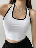 Contrast Trim Cropped Halter Tank Top-Outfit