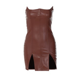 Toloer Women's 2023 New PU Leather Personality With Chest Sexy Tight Package Hip Sleeveless Backless Dress Women-Outfit