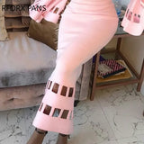 Women Solid Elegant Chain Hollow out V neck Flared Sleeves Party Bodycon Maxi Dress-Outfit