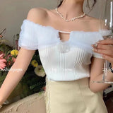 Yarn Splicing A Word Collar T-Shirt For Girls Summer New Pink Pure Lust Collar Sexy Umbilly Babes Short-Sleeved