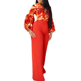 Large-Size Women's New Fashion Print Strapped With Broad Leg Pants Two-Set