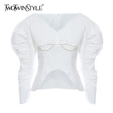 Casual Irregular Women Shirt V Neck Puff Long Sleeve Patchwork Beading Streetwear Style Blouses Female Fashion