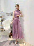 New Autumn And Winter Style Dress In Dongmen, South Korea, Round Collar, Sleeveless Lace-Up, Waist, Thin, Pleated Skirt, A-Shaped Skirt.-Outfit